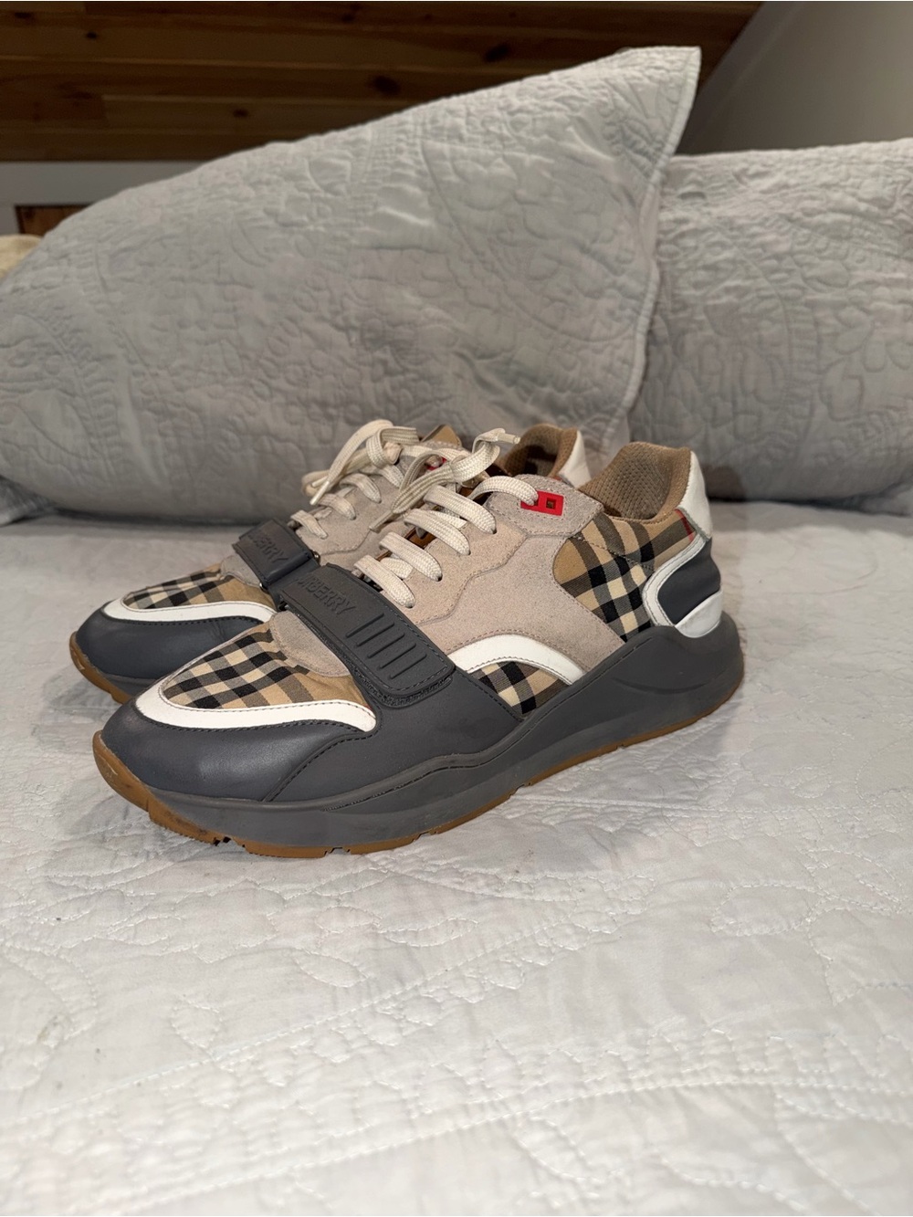 Burberry Beige, Black and Tan Check Panel Men’s Sneakers